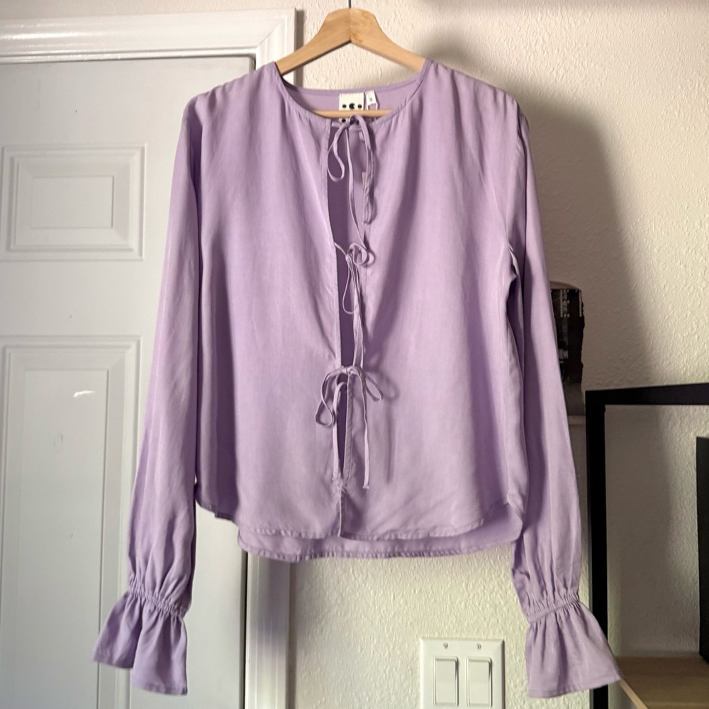 NWT CORCOR lavender lilac purple tie front bell long sleeve blouse shirt